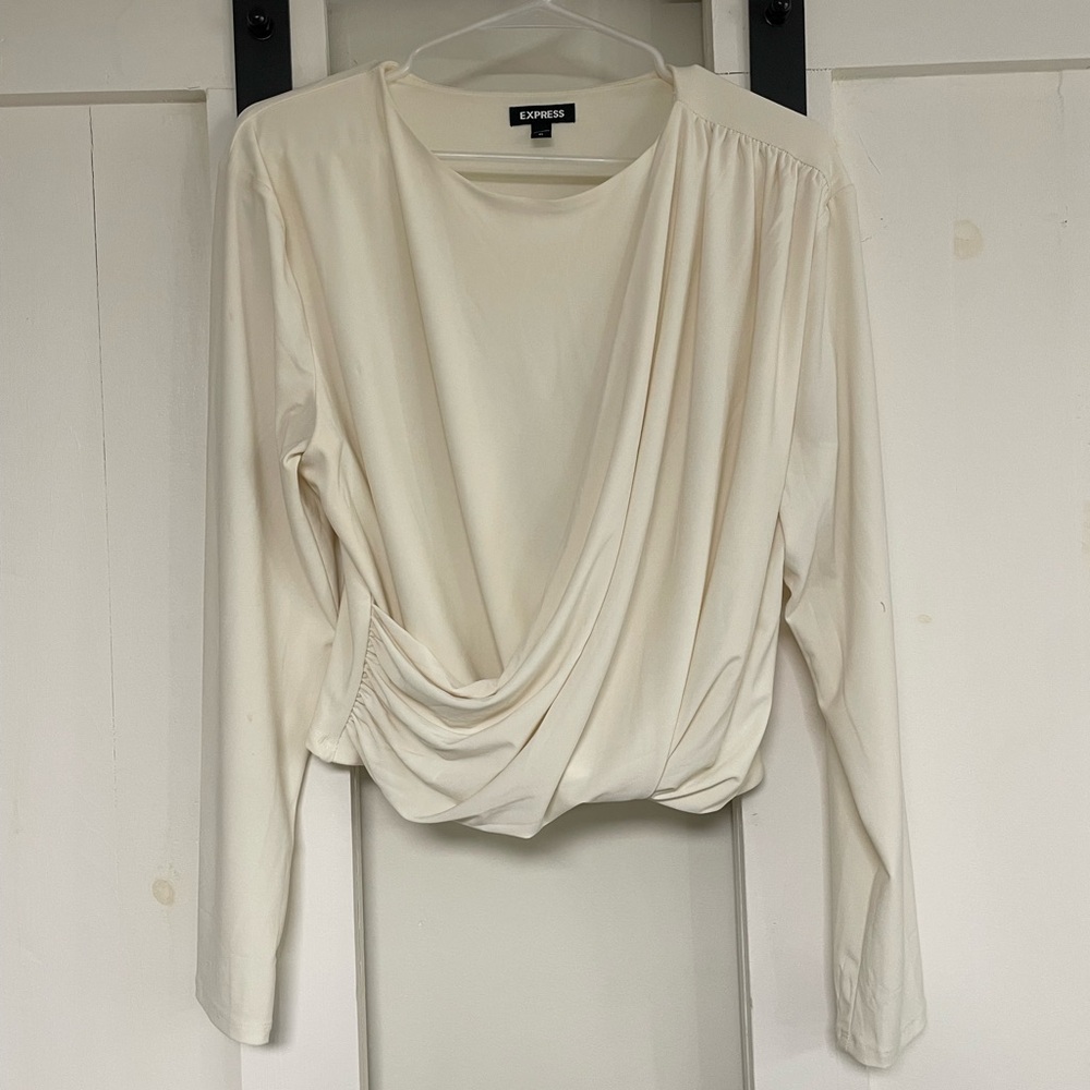 Express Cream Draped Long Sleeve Top with Ruche Detailing - Cropped!